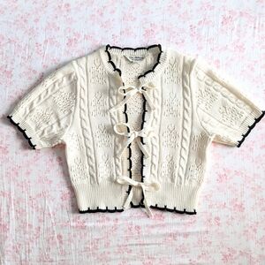 miss selfridge pointelle short sleeve tie front cardigan in ivory